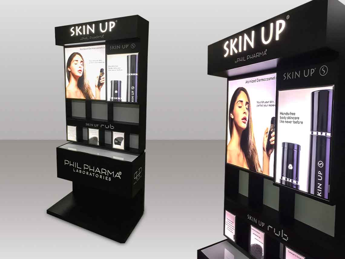 Espositore da banco con video integrato per promuovere i prodotti Skin Up a rotazione e altri materiali POP display